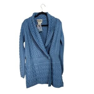Aran Crafts Ireland Blue Merino Wool Cable Knit Shawl Collar Cardigan Sweater‎ S